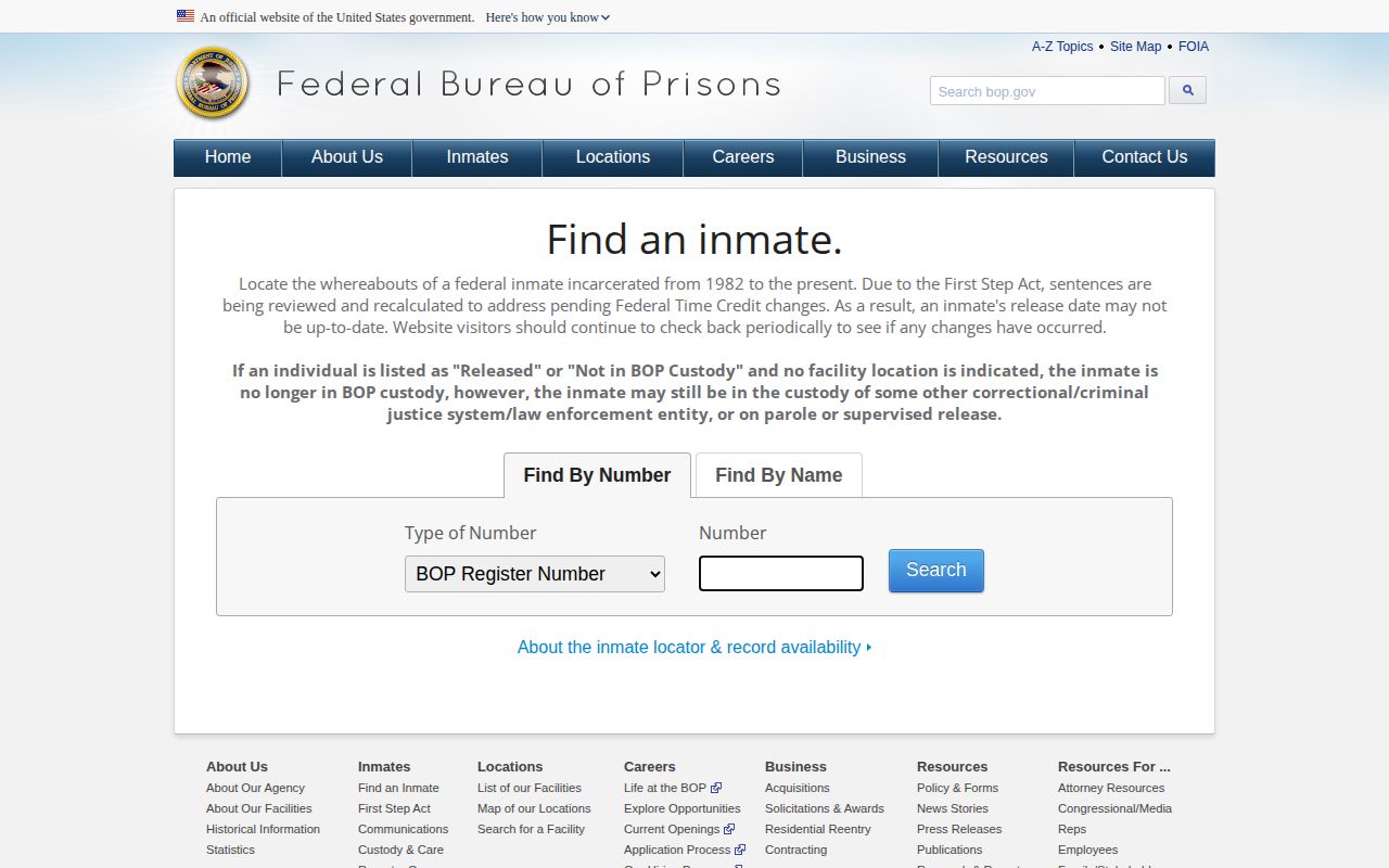 Federal Bureau of Prisons inmate locator and released-status result