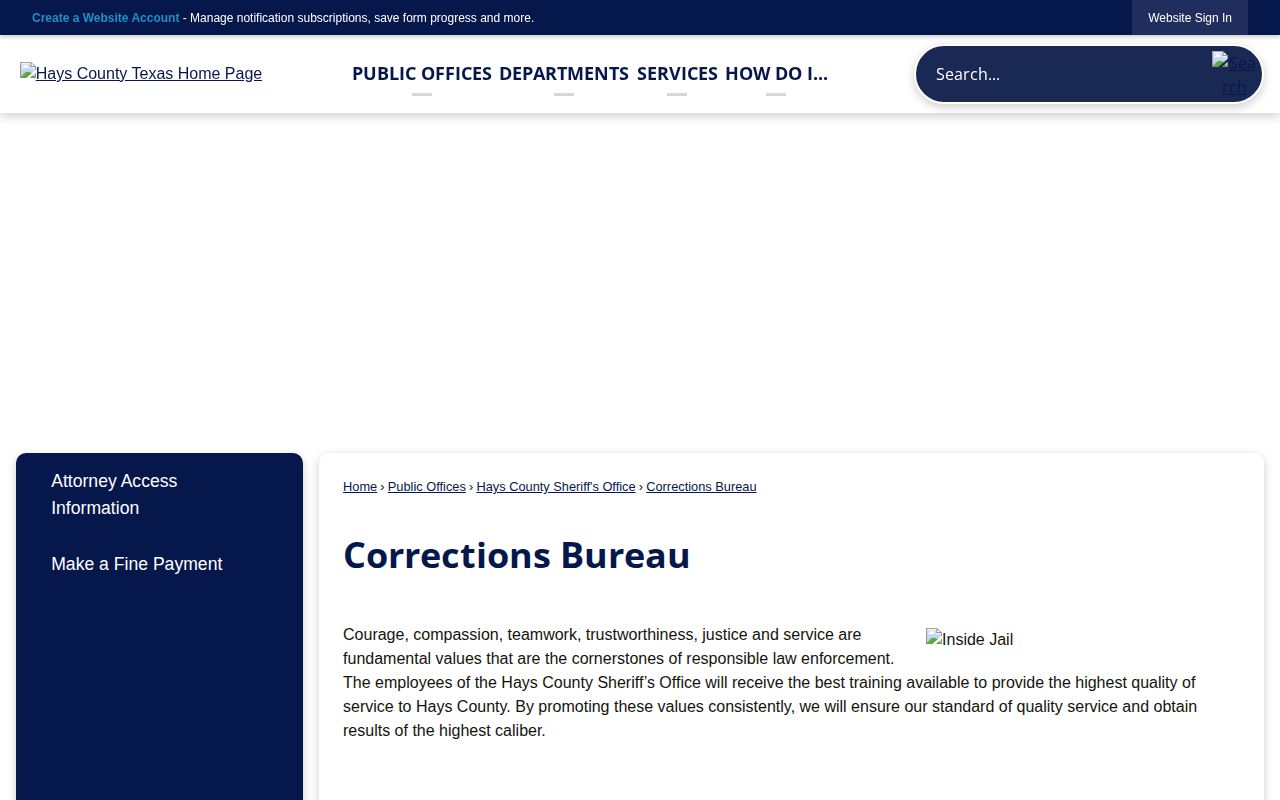 Hays County Corrections Bureau page with release processing and inmate search guidance