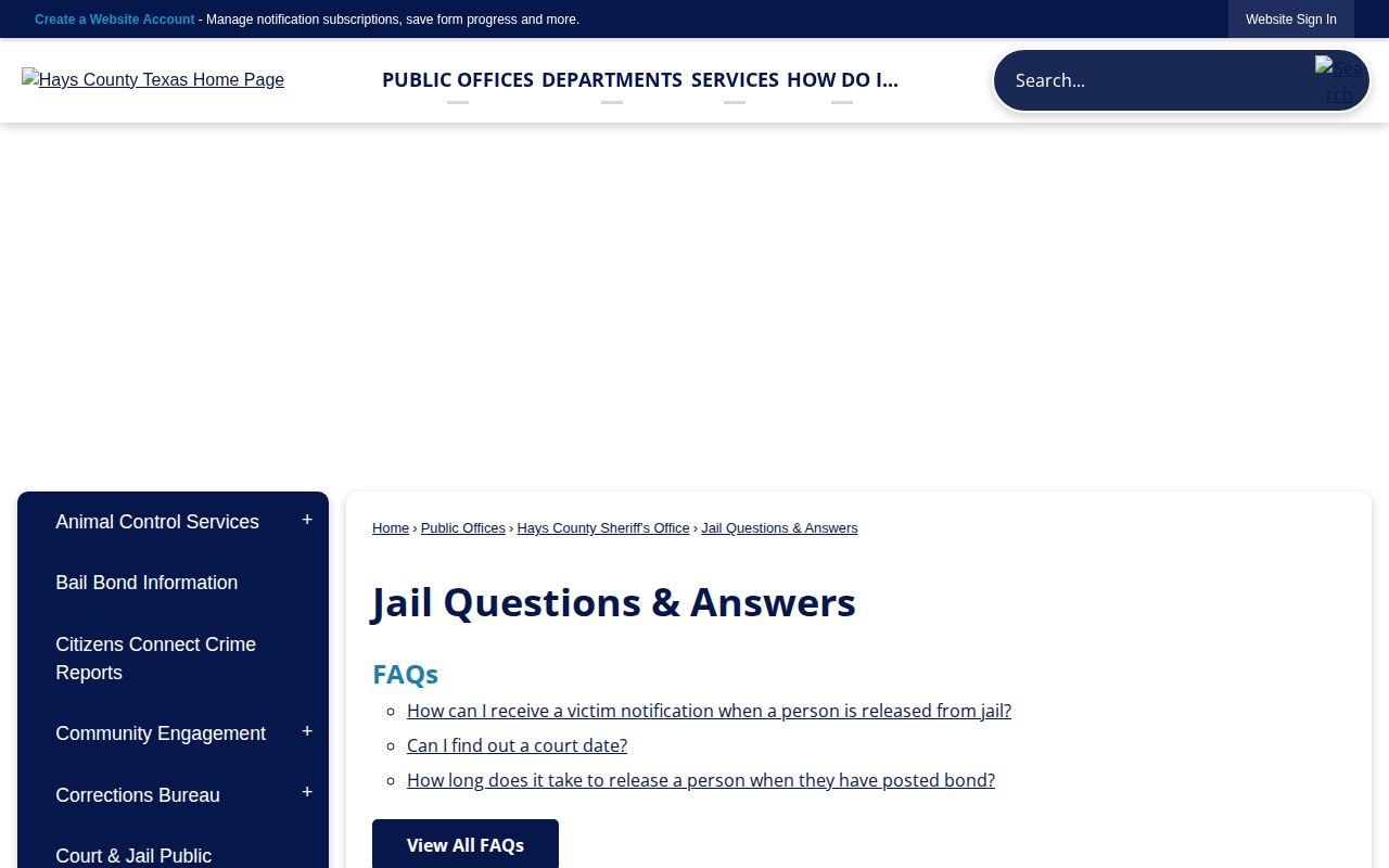 Hays County Jail questions and answers page about property and custody information