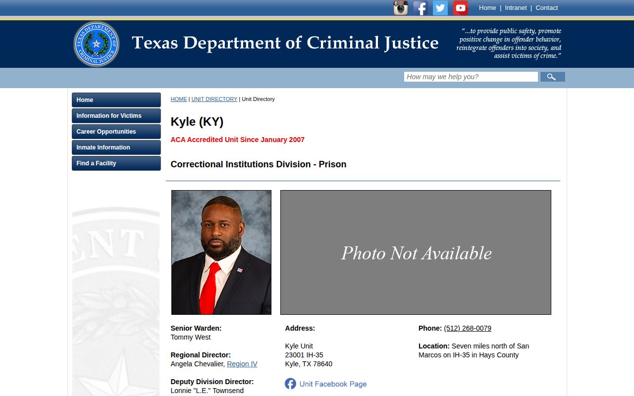 Official Texas Department of Criminal Justice Kyle Unit directory page