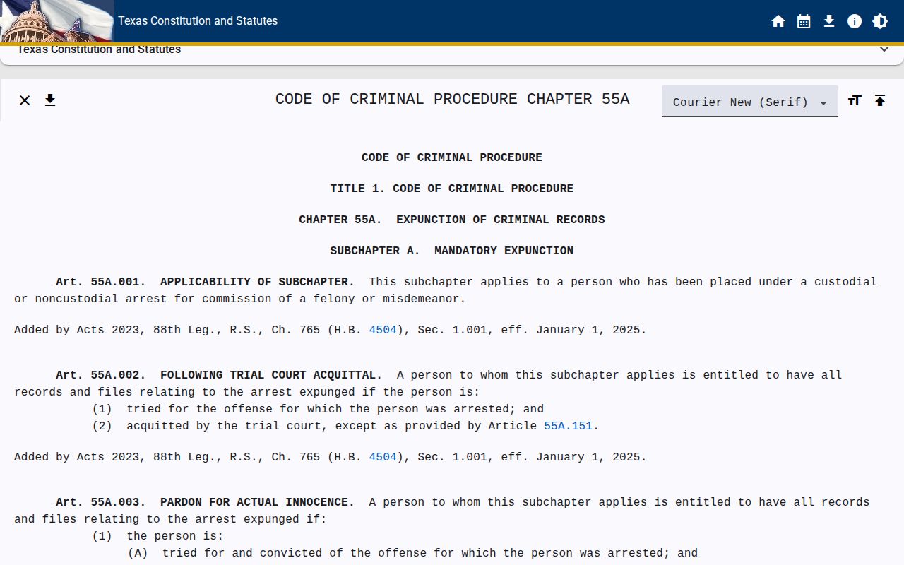 Texas Code of Criminal Procedure Chapter 55A expunction provisions